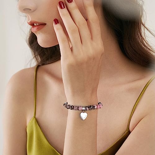 XIUDA Heart Cremation Memorial Urn Bracelet 316L Stainless Steel Keepsake Jewelry Urn Bracelet for Ashes for Women-With Me Always - style: Rhodochrosite