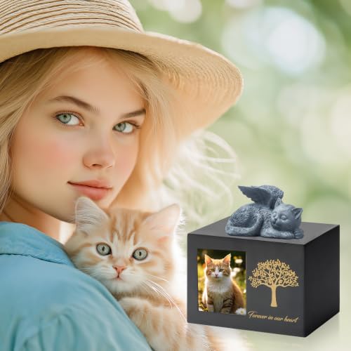 Cat Urns for Ashes, Tree Pattern Wooden Keepsake with Photo Frame