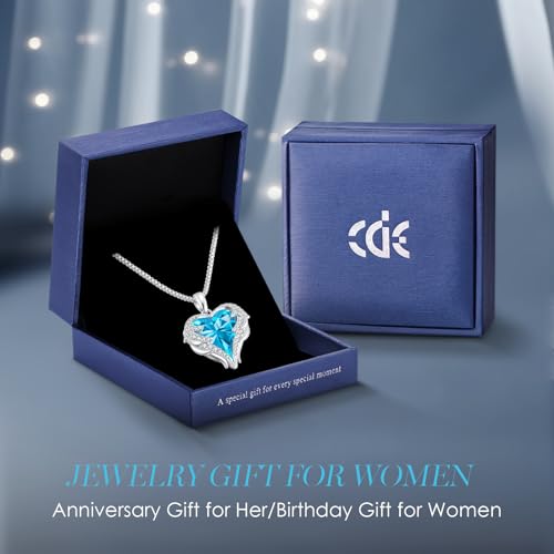 CDE Angel Wings Heart Birthstone Pendant Necklace Gift for Women | Silver/Gold Tone,Ideal Birthday & Anniversary Jewelry Gift for Wife,Girlfriend,Her - color: White-12a-Blue Zircon Birthstone
