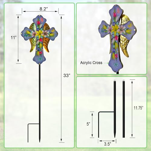 Solar Cross Garden Stake Lights,Metal Angel Wing & Acrylic Flowers Cross Solar Christmas Lights Outdoor,Waterproof Memorial Garden Decor for Cemetery,Grave,and Remembrance Gifts