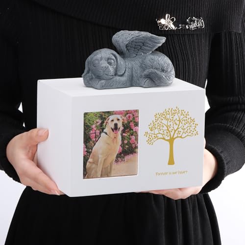 Pet Urn for Dog Ashes, Tree Pattern Wooden White Keepsake | Dogs Urn with Photo Frame, Memory Box with Resin Animal Statue and Sealed Storage Bags (75lbs) - color: white