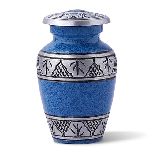 Small Blue Cremation Urn for Human Funeral Remains | Mini Sacred Ash Container | Velvet Carry Bag | Paper Funnel | Gift Box | Handcrafted Engraved Urn & Keepsake - color: Blue-engraved