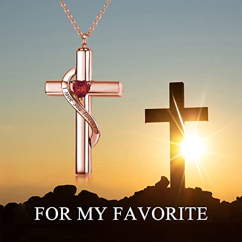 SOULMEET Crystal Cross Necklace for Ashes, Sterling Silver I Love You Forever Birthstone Cross Urn Necklaces for Ashes Keepsake Cremation Jewelry for Pet Human Ashes - style: A-Rose Gold-January