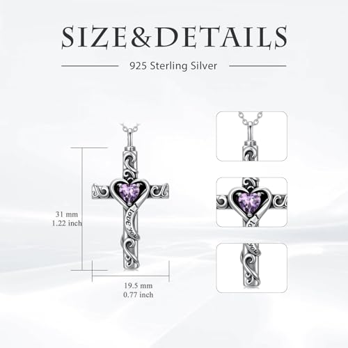 TOUPOP Cross Urn Necklaces for Ashes Birthstone Cremation Jewelry 925 Sterling Silver Cross Memorial Keepsake Jewelry for Women (with Funnel Filler) - color: 02-February-Amethyst