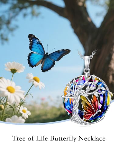TOUPOP Butterfly Necklace for Women 925 Sterling Silver Tree of Life Butterflies Dragonfly Hummingbird Pendant Necklaces Crystal Jewelry Anniversary Christmas Birthday Gift for Her - color: Butterfly Red