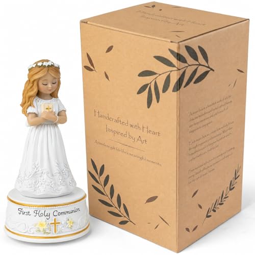 AIDLNS First Holy Communion Gifts for Girls, Plays The Lord's Prayer, Catholic Music Box Keepsake, Hand-Painted Resin White Dress Girl Figurine, Religious Collectible Decor
