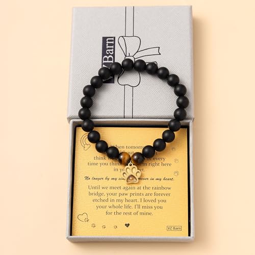 VZBarn Memorial Gifts for Loss of Pet’s Mom Pet Keepsake Dog Cat Paw Charm Natural Stone Bracelet Remembrance Gift for Women - color: Black Golden