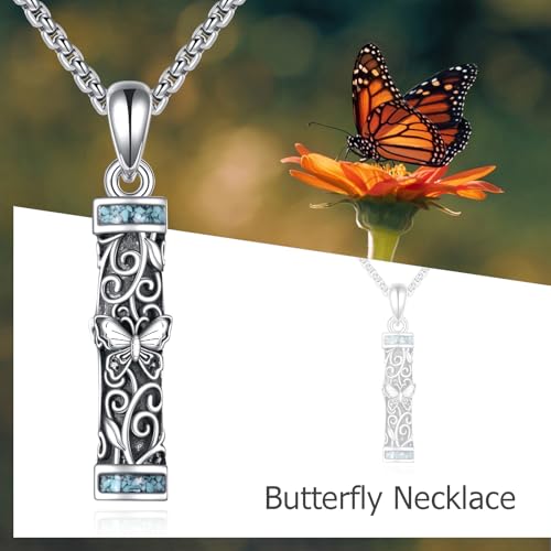 Urn Necklaces for Ashes Sterling Silver Cylinder Memorial Pendant for Loved Ones Keepsake Cremation Jewelry Gifts for Women Men - style: Butterfly