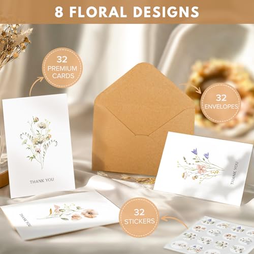 BGTCARDS Thank You Cards with Envelopes & Stickers, 32 Pack, Wildflower