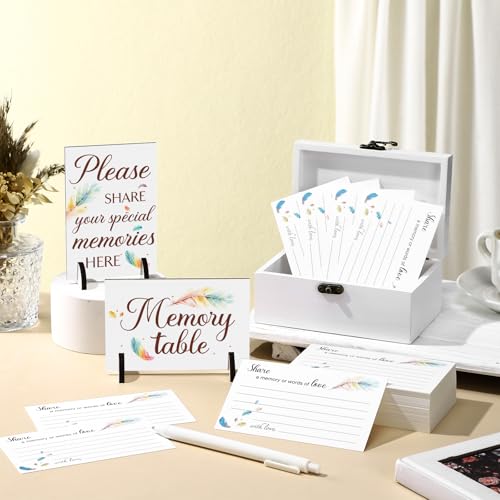 Gilprop 112 Pcs Celebration of Life Memory Cards Set Share a Memory Cards with Box 2 Wood Sign with 4 Hold and 5 Pens, Sympathy Memorial Gifts Funeral Keepsake Decorations(Feather) - style: Feather