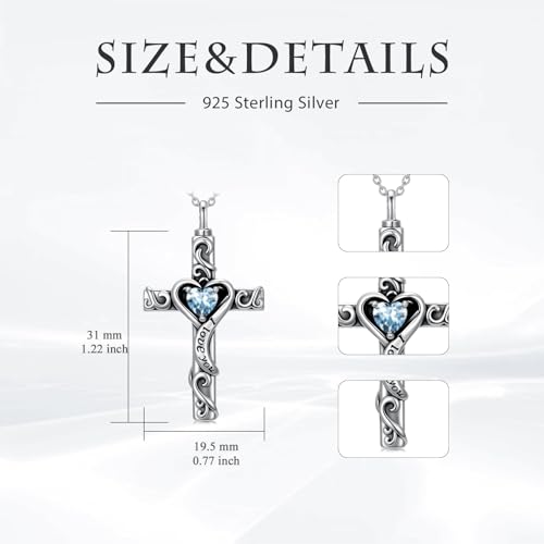 TOUPOP Cross Urn Necklaces for Ashes Birthstone Cremation Jewelry 925 Sterling Silver Cross Memorial Keepsake Jewelry for Women (with Funnel Filler) - color: 03-March-Aquamarine