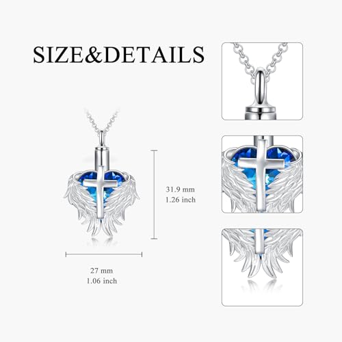 Rose & Daisy Urn Necklace - Sterling Silver Cremation Keepsake Memorial Jewelry - style: Wings Urn Necklace-Blue Crystal