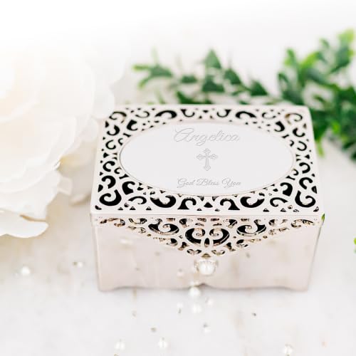 Cherished Moments Personalized Filigree Rectangle Jewelry Box with Cross - color: Silver-Custom Cross