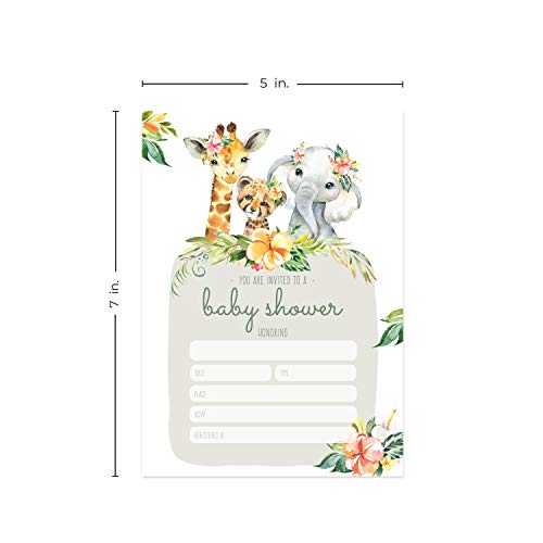 Canopy Street Boho Safari Animal Baby Shower Invites / 25 Welcome Baby Desert Animals Party Invitations / 5" x 7" Flat Floral New Baby Party Invitation Cards/Made In The USA - color: Boho Safari Animal