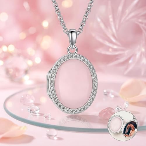 ONEFINITY Locket Necklace Photo Necklace Memorial Jewelry Gifts for Women Mom Wife - color: Rose Quartz