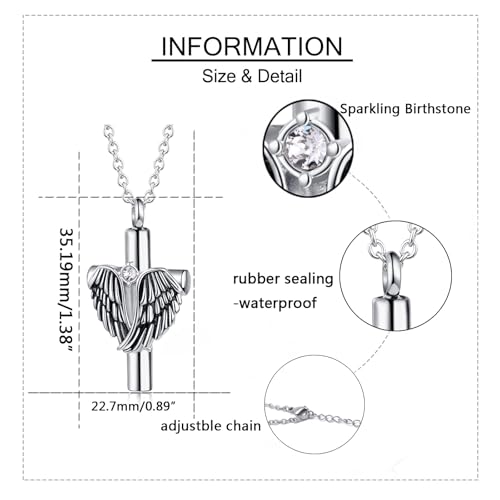 Angel Wing Cross Urn Necklace for Ashes Birthstone Stainless Steel Cremation Jewelry Women Men - color: Jan