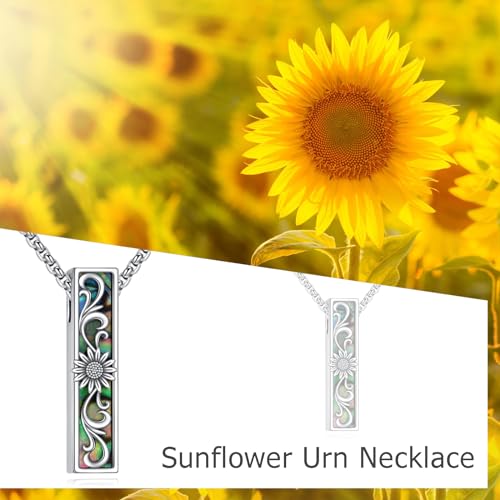 Cremation Urn Necklace for Ashes 925 Sterling Silver Moon Phase/Tree of Life/Hummingbird/Moss Agate/Opal/Compass/Mountain/Butterfly/Turquoise/Sunflower/Dragonfly/Cross Pendant Necklace Cremation Memorial Keepsake Urn Jewelry for Women Men - style: Sunflow