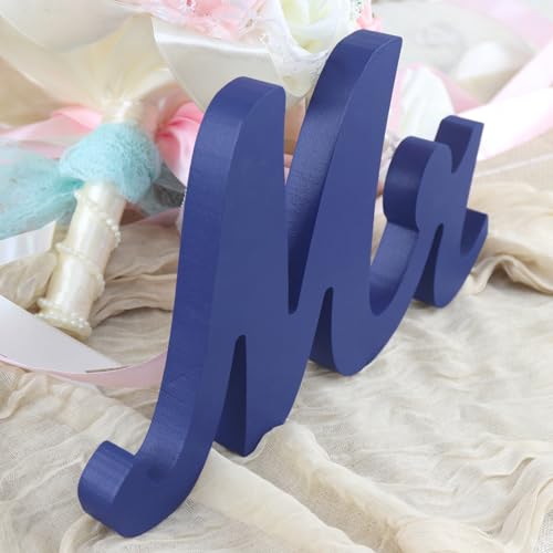 Mr & Mrs Signs Table Decor: Rustic Wooden Freestanding Letters - Wedding & Anniversary Props (Navy Blue) - color: Navy blue