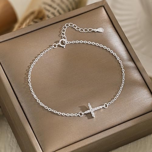 Moodear Cross Bracelet for Women, Dainty Sterling Silver/Gold Plated Gift | Christian Religious Gifts for Teen, Stocking Stuffers, Adjustable Link Bracelets, Sparkling CZ Cross, Non Tarnish Jewelry - color: Sterling Silver CZ Cross Bracelet