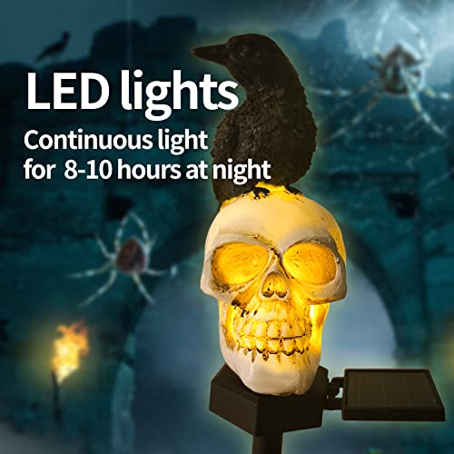 QH & Garden Halloween Skull Solar Garden Statue with Black Crow | Outdoor Decoration, Waterproof Ghost Lights, Skeleton Stakes with LED, Stunning Halloween Decorations - style: Skull and Crow