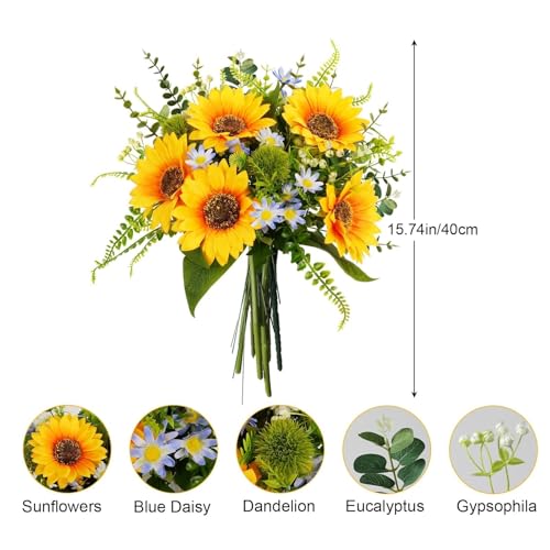 15" Sunflowers Artificial Flowers 25 Branches Grave Flowers for Cemetery | Faux Sunflowers Silk Summer Flowers Arrangements for Vase Bridal Bouquets Wedding Centerpieces Home Kitchen Table - color: Yellow,blue