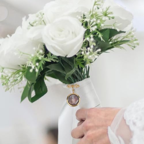 SUPERFINDINGS 2Pcs Wedding Bouquet Photo Charm Bouquet Photo Locket Charms Brass Bridal Brooches Silver Gold Bow Tie Wedding Memorial Brooches Pins Round Glass Photo Frame Pin Brooch for Bridal