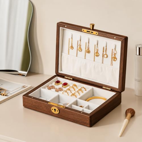 Black Walnut Wooden Lockable Jewelry Box, Necklace Organizer Case for Women - color: 1 Layer Lockable