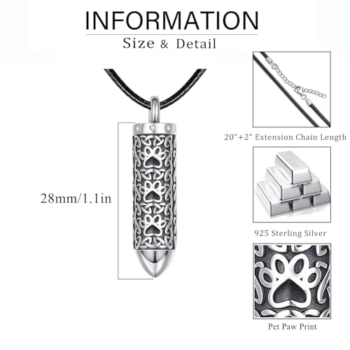 Dreamboat Pet Cremation Urn Necklaces for Dog Cat Ashes 925 Sterling Silver Paw Print Keepsake Pendant Memorial Jewelry Gifts for Women Men - style: 01C- Vial