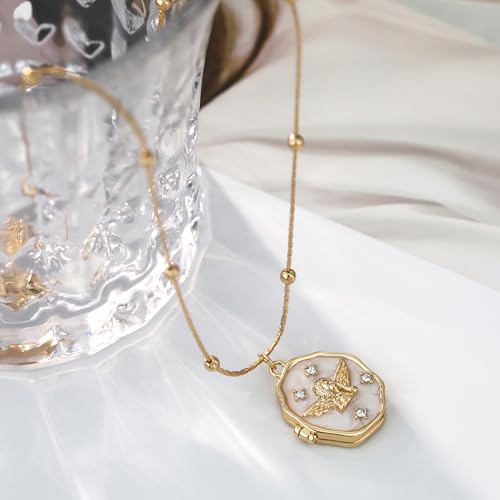Gold Locket Necklace for Women Vintage, Oval Angel Shell Locket Pendant that Holds Picture Photo Memorial Necklace Personalized Protection Jewelry Birthday Gifts