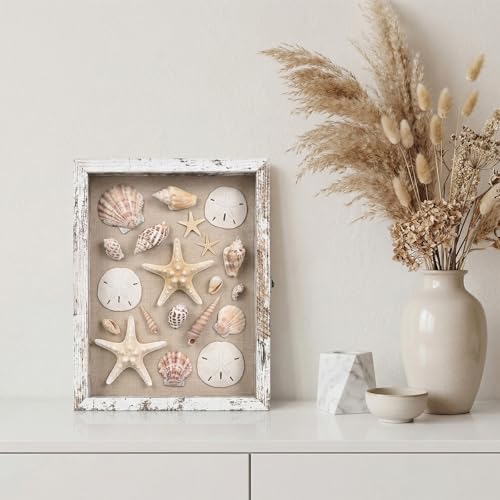 11×14 Shadow Box Frame, Linen Back, Glass Door, Hinge Display Case - color: Rustic White, size: 11×14