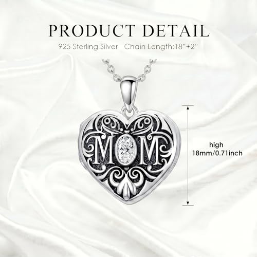 Mom Photo Locket Necklace 925 Sterling Silver Mothers Necklace Mother Photo Locket Pendant Mom Jewelry for Mother's Day - color: mom-text