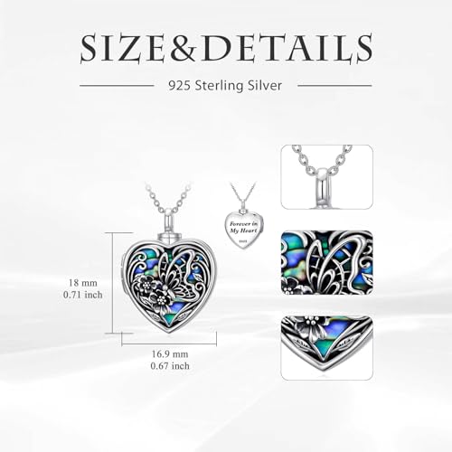 TOUPOP Heart Urn Locket Necklace for Ashes and Pictures 925 Sterling Silver Locket Cremation Jewelry with Abalone Shell Keepsake Memorial Gifts for Women(That Holds Pictures and Ashes) - style: Butterfly