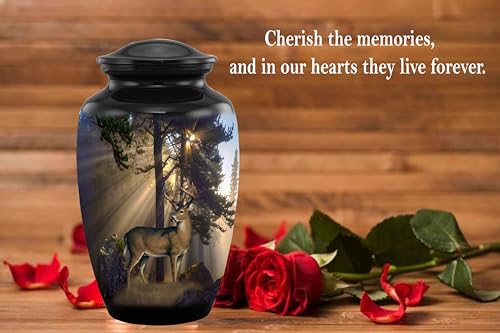 Gone Hunting Deer Cremation Urn with Sunrays – Majestic Buck Memorial Urn for Human Ashes – Handcrafted Full Size Adult Funeral Urn up to 200 lbs with Velvet Bag (Large) - size: Adult