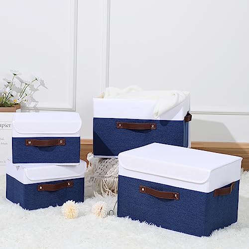 ANMINY Fabric Storage Box Bins with Lids, Blue White, 10"x8"x7" - color: Deep Blue White, size: Small (Pack of 1)