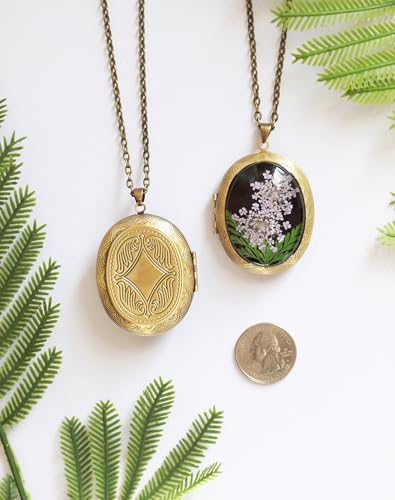 Handmade Oval Shaped Photo Locket with dried Pressed Flowers Locket pendant Necklace - style: Oval-Purple Lace