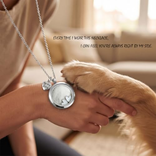 Dog Fur Keepsake Necklace, Transparent Glass Memorial Pendant for Fur Hair Ashes, Pet Urn Necklace with Paw Charm, Pet Loss Jewelry Gift (Glass Circle - Dog) - color: Dog Memorial Locket