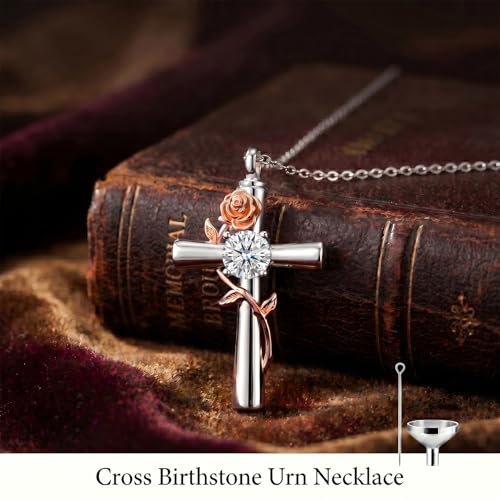 YYB Rose Flower Urn Necklaces Cross Birthstone Cremation Jewelry for Ashes Memorial Keepsake Funeral Pendant for Women - color: 04-Apr-CZ.