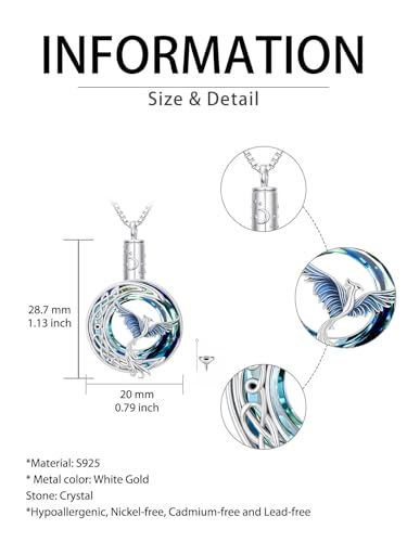 TOUPOP Phoenix Urn Necklace Cremation Jewelry for Ashes 925 Sterling Silver Crystal Phoenix Pendant with Funnel Filler Memorial Jewelry Gifts for Women - color: 02-Blue Phoenix