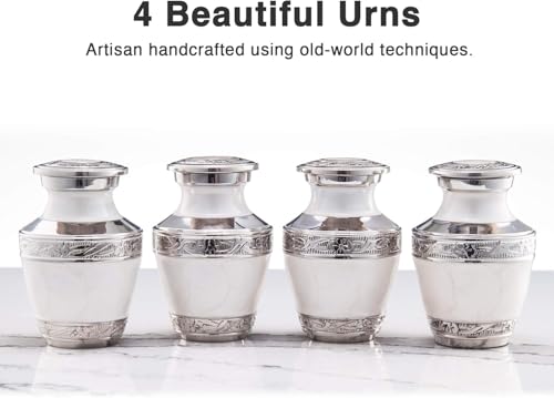 BOLD & DIVINE Small Heavenly Peace Pearl White Keepsake Urns |for Human Ashes | Handcrafted | 3" Tall Mini Urn Set of 4 with Individual Velvet Bags - size: Heavenly Peace Pearl White Mini Urns Set of 4