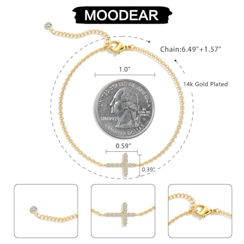 Moodear Cross Bracelet for Women, Dainty Sterling Silver/Gold Plated Gift | Christian Religious Gifts for Teen, Stocking Stuffers, Adjustable Link Bracelets, Sparkling CZ Cross, Non Tarnish Jewelry - color: CZ Gold Cross Bracelet