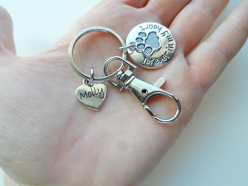 Custom Forever in My Heart Disc & Paw Charm Keychain, Pet Loss Gift, With Custom Engraved Heart Tag, Dog Memorial Keychain