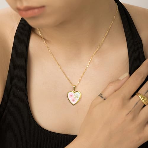 Heart Locket Dried Flower Pendant Necklace Stainless Steel Gold Plated Cute Light Pink Pressed Wildflower Charm Holds Pictures Choker Necklaces Fashion Trendy Jewelry for Her Bff 17.5"