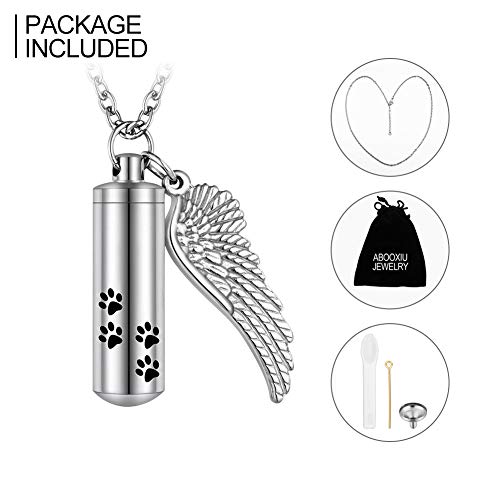 abooxiu Cylinder Cremation Urn Necklace with Angel Wing & Pet Paw - Ashes Keepsake for Dog/Cat Memorial - color: Silver-M