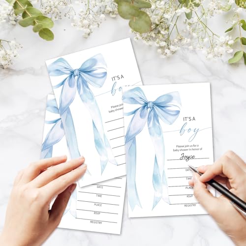 Blue Bow Baby Shower Invitations for Boys, Baby Announcement Invite Cards, 25 Set of Fill-in Baby Shower Invites with Envelopes, Gender Reveal Party Supplies -B04 - color: Blue Bow
