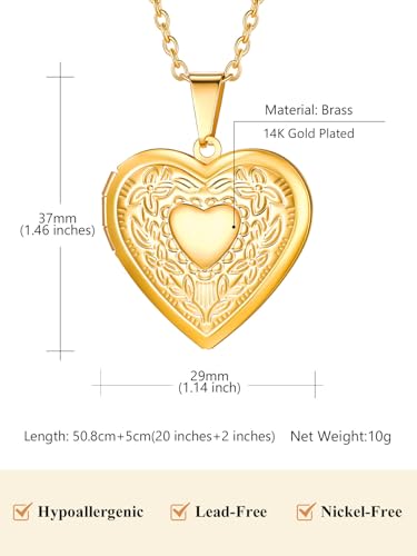 Custom4U Personalized Heart Locket Necklace with Pictures,Sunflower/Angel Wings/Heart Shaped Lockets Custom Photo,Gold/Rose Gold/White Lockets That Holds Picture,Customized Memorial Jewelry for Women - color: B-Heart-Gold(Locket + Photo + Engraving)