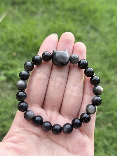 LINGYUAN Black Obsidian Cat Bracelet, Natural Stone Beaded Bracelet for Protection Luck and Energy Balance, Handmade Healing Crystal Jewelry Gift for Women and Men - color: cat face