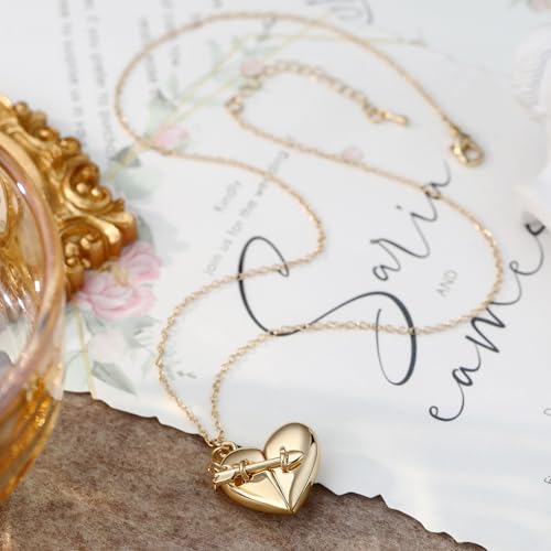 Gold Locket Necklace for Women Vintage, Heart Star Moon Butterfly Angel Holds Picture Photo Oval Locket Pendant Memorial Necklace Personalized Celestial Jewelry Birthday Gifts - style: Arrow & Heart