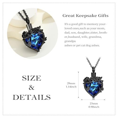 Cremation Jewelry for Ashes Rose Flower Urn Necklace with Crystal Heart Ashes Pendant Butterfly Necklaces for Women Men Memorial Keepsake Jewelry Gift - color: Black-blue