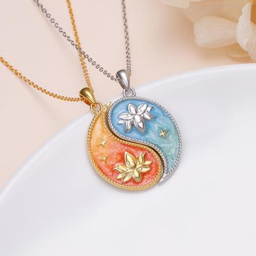 FLYOW S925 Sterling Silver Best Friend Couple Pendant Friendship Sun Moon Lotus Yin Yang Matching Bff Necklace for Women Jewelry - style: Lotus Yin Yang