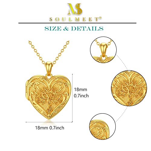 SOULMEET Personalized Tree of Life/Palm Tree Heart Locket Sterling Silver Necklace That Holds 1 or 2 Pictures Memorial Vintage Photo Locket Custom Any Photo Healing Gift - style: D2-Gold tree locket+photo